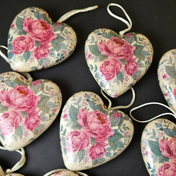 Set 12 Floral Heart Christmas Ornaments Pink Roses Vintage Style Romantic Decor - Picture 4 of 9